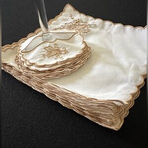 Elegant Antique Embroidered Set of 12 Ea Cocktail Napkins and Wine Glass Covers